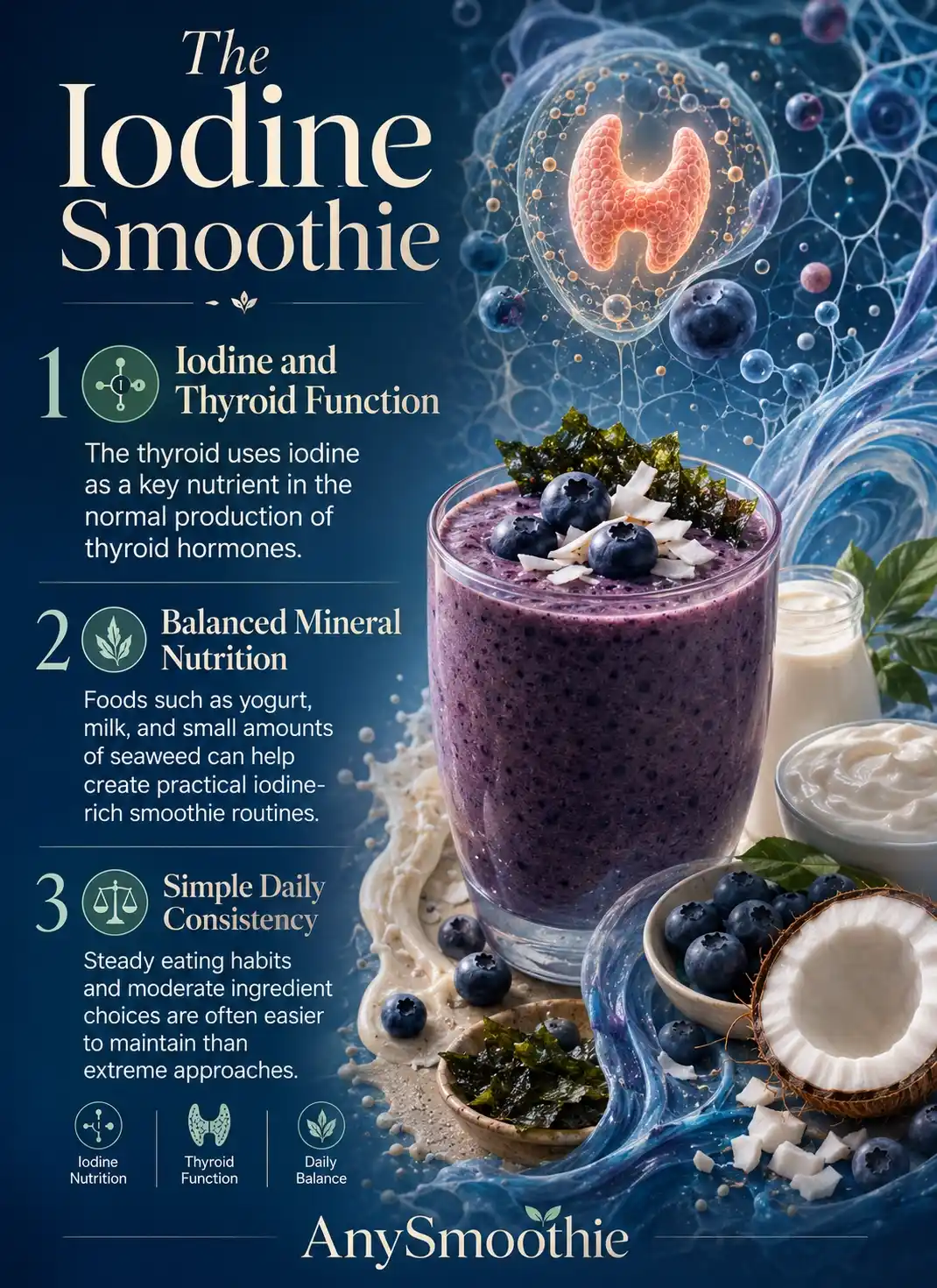 Premium wellness-science infographic about iodine rich smoothies for thyroid function featuring blueberries, yogurt, coconut, seaweed, thyroid health awareness, balanced mineral nutrition, and daily nourishment habits.