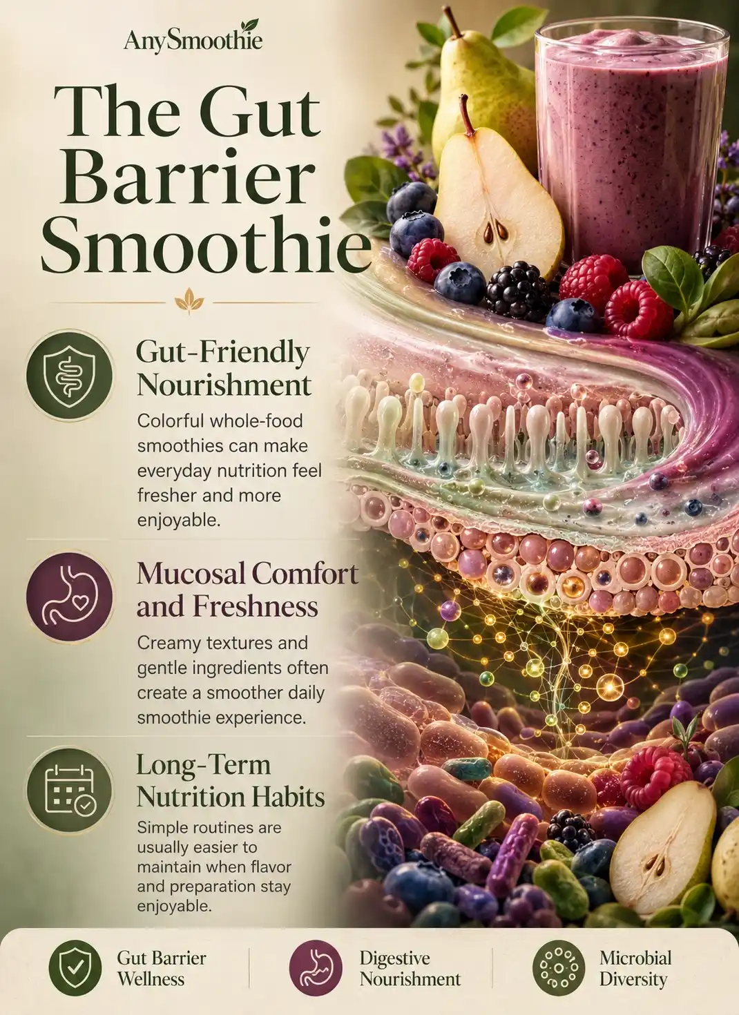 Premium wellness-science infographic about l-fucose smoothies for mucins and gut barrier health, featuring colorful berry and pear smoothie ingredients, mucin-inspired biological layers, digestive wellness concepts, and gut barrier nourishment visuals.