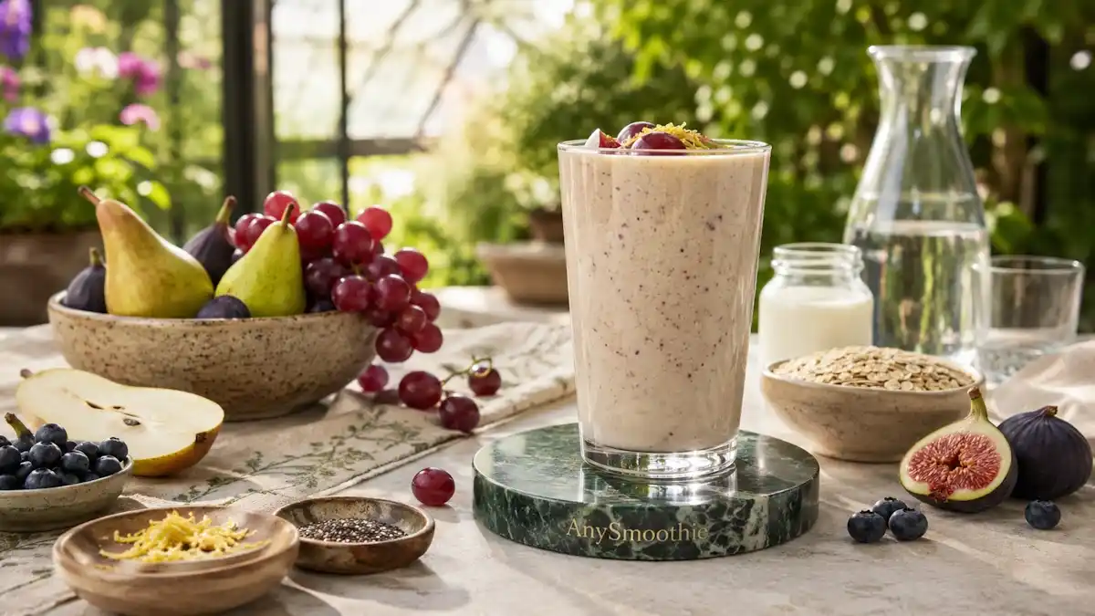Creamy pear and red grape smoothie with kefir, oats, chia seeds, figs, and blueberries in a greenhouse breakfast setting, illustrating l-fucose smoothies for mucins and gut barrier health.