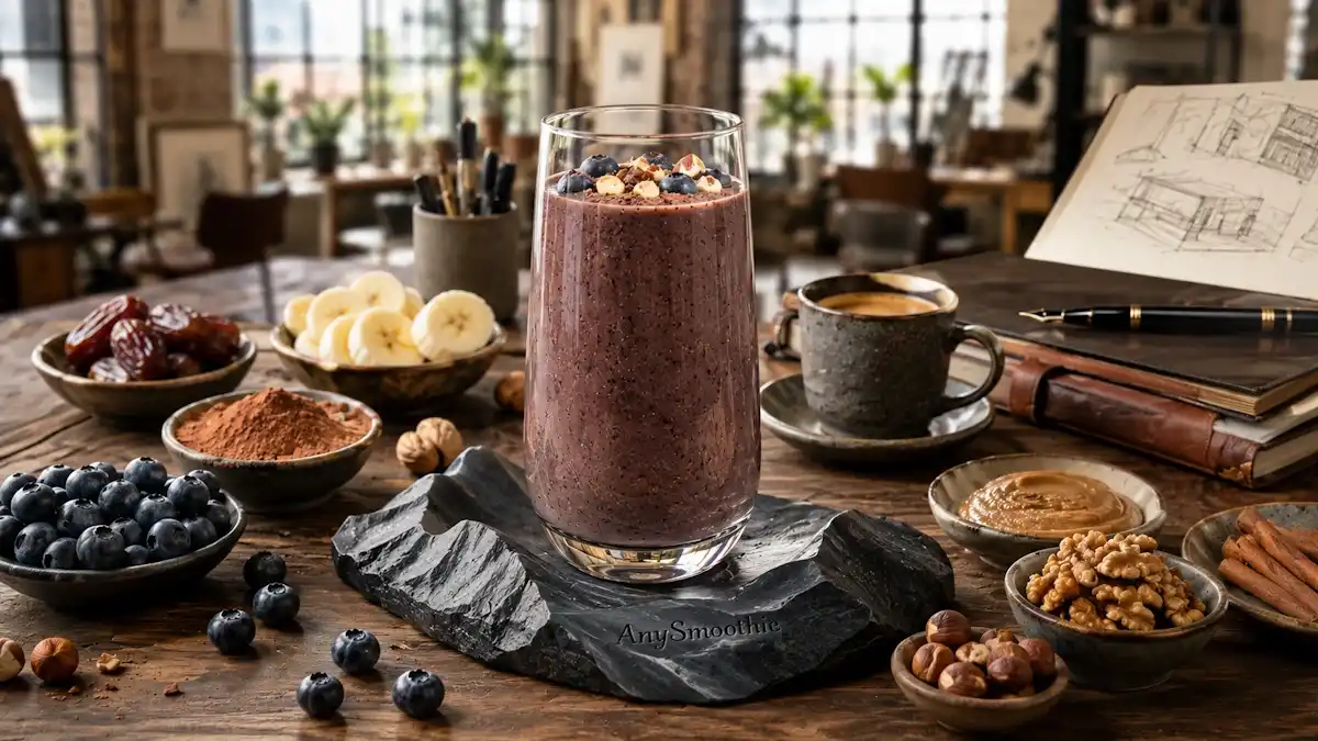 Blueberry cacao hazelnut smoothie with banana, dates, walnuts, and almond butter served on a sculptural AnySmoothie basalt coaster in a creative loft workspace, representing l tyrosine smoothies for dopamine pathways.