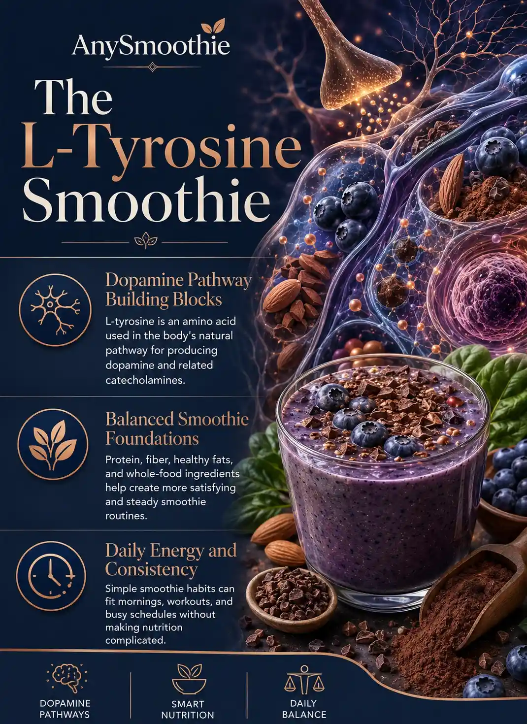Premium wellness-science infographic about l tyrosine smoothies for dopamine pathways, featuring a blueberry cacao smoothie with almonds, whole-food ingredients, dopamine pathway visuals, balanced nutrition concepts, and daily wellness routines.