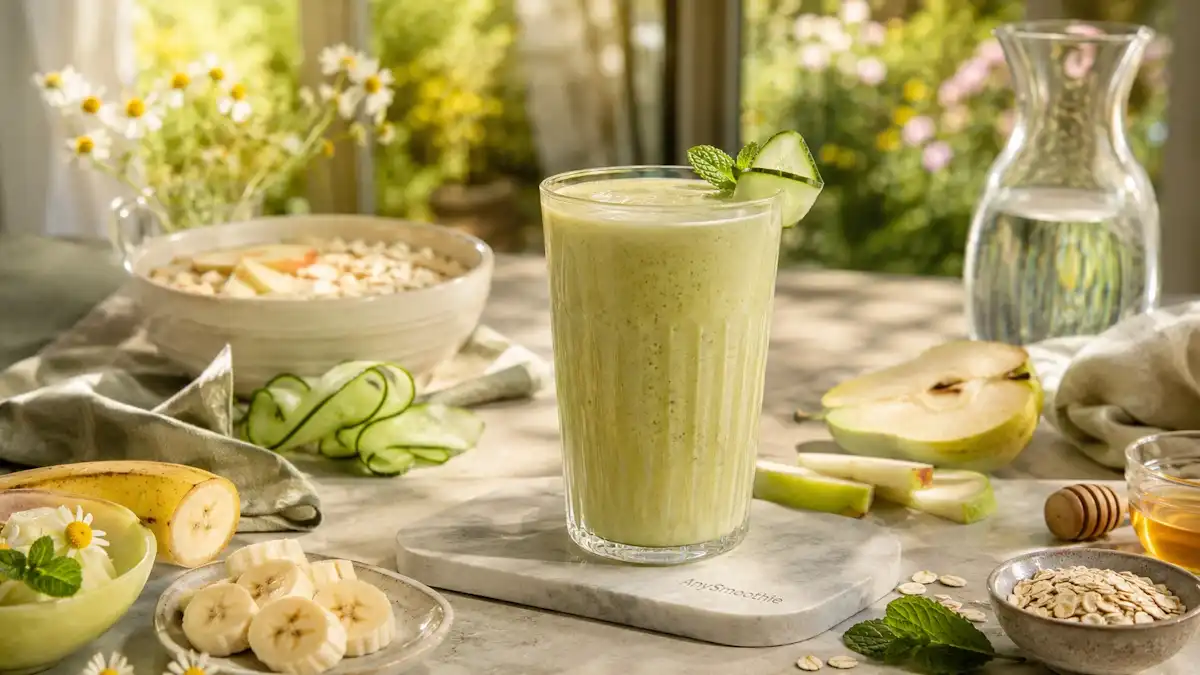 Creamy banana pear cucumber smoothie in a tall glass on a marble coaster, surrounded by oats, honeydew melon, chamomile, apple slices, and mint, illustrating low fat smoothies for acid reflux support in a bright breakfast kitchen.