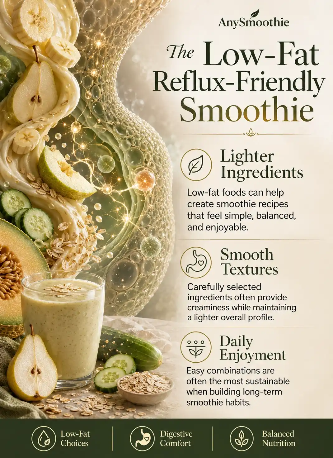Low-fat smoothies for acid reflux support infographic featuring banana, pear, melon, oats, cucumber, gentle digestive comfort themes, balanced nutrition concepts, and reflux-friendly smoothie ingredient choices.