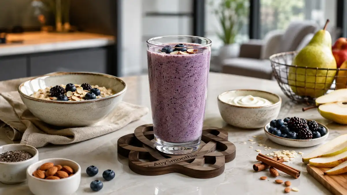 Creamy blueberry almond smoothie with chia seeds, Greek yogurt, oats, and fresh berries served in a tall glass on an AnySmoothie walnut coaster, illustrating low sugar smoothies for reactive hypoglycemia support.