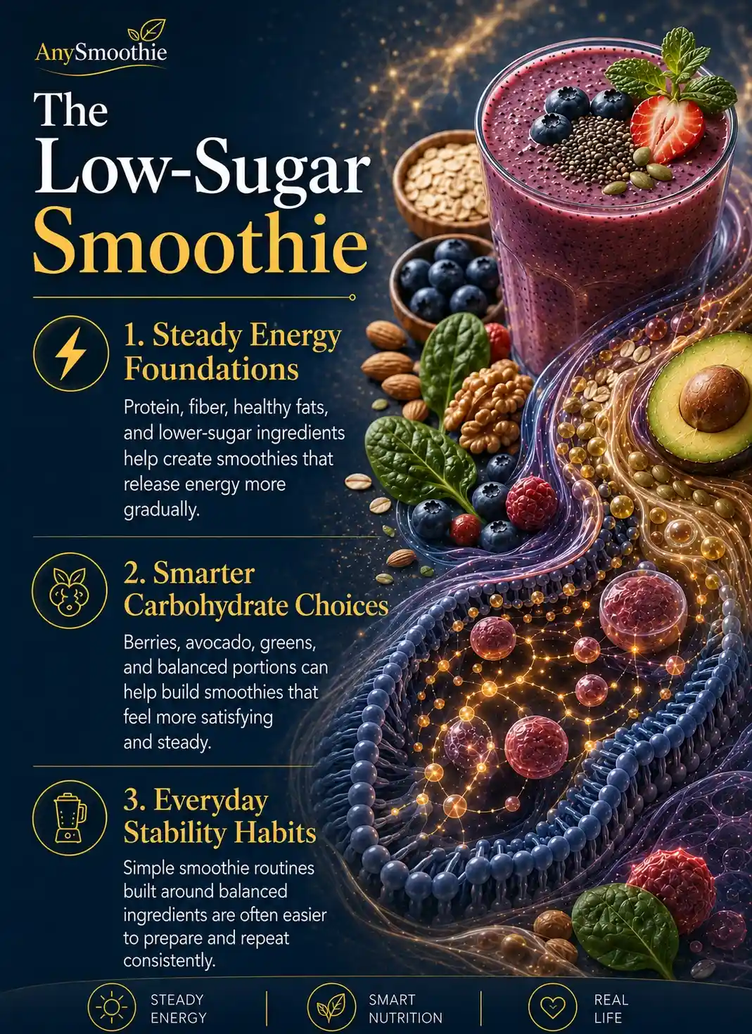 Low sugar smoothies for reactive hypoglycemia infographic showing balanced smoothie ingredients including berries, avocado, oats, nuts, seeds, fiber, protein, and healthy fats that support steady energy and stable daily nutrition habits.