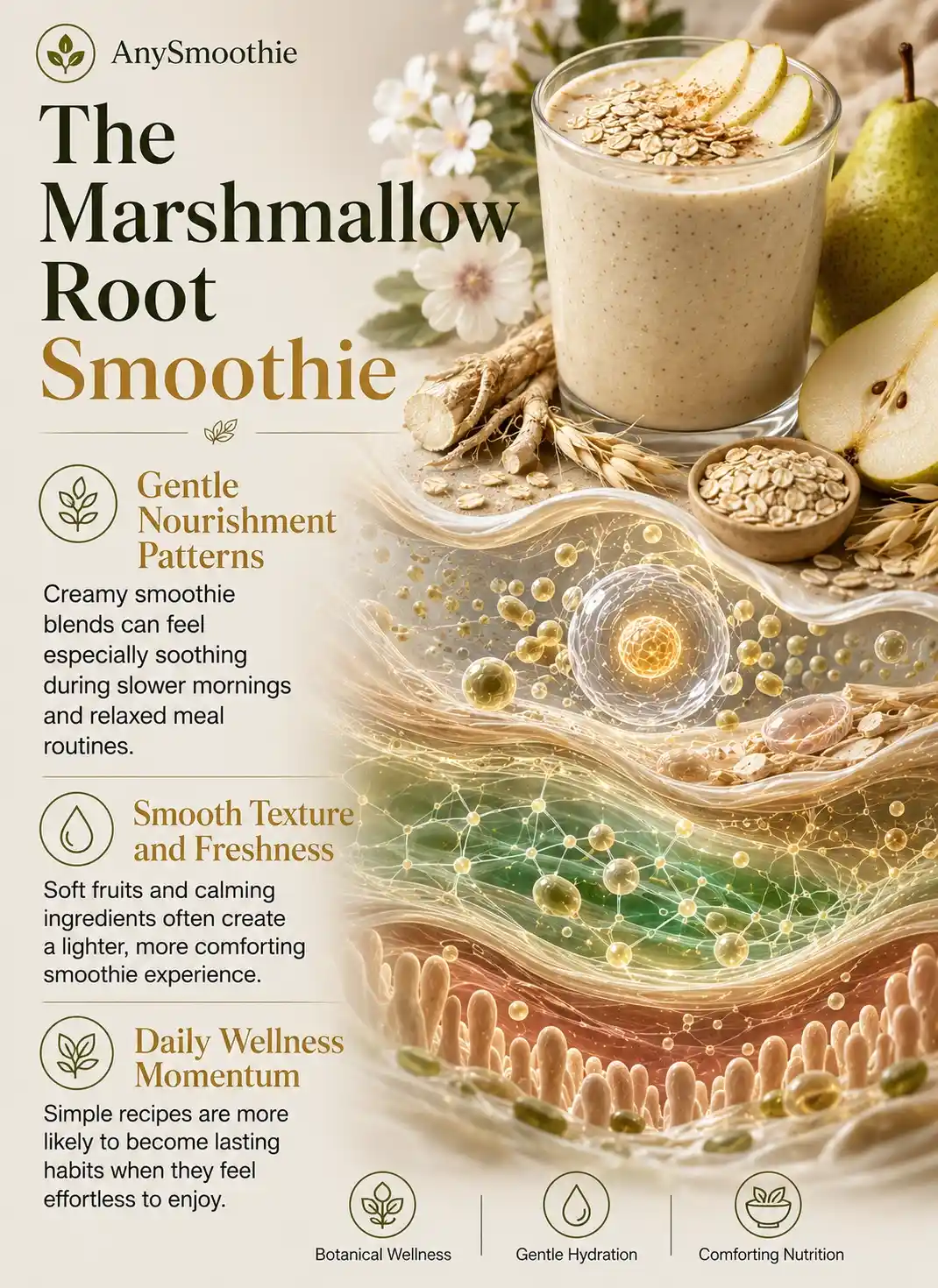 Premium wellness-science infographic featuring a creamy marshmallow root smoothie with pear, oats, and botanical ingredients, illustrating marshmallow root smoothie for mucilaginous support through gentle nourishment patterns, hydration-inspired wellness imagery, and soothing whole-food nutrition habits.