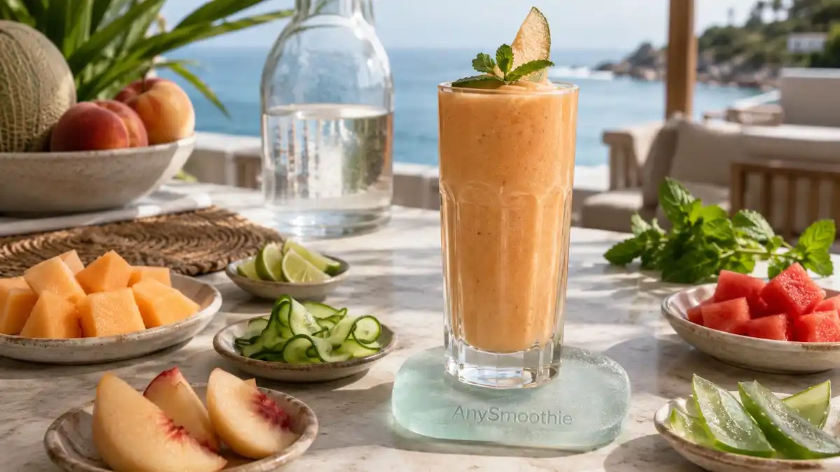 Cantaloupe coconut smoothie with cucumber, lime, watermelon, and aloe vera on a coastal terrace, featured as one of the best migraine hydration smoothies for daily wellness routines.