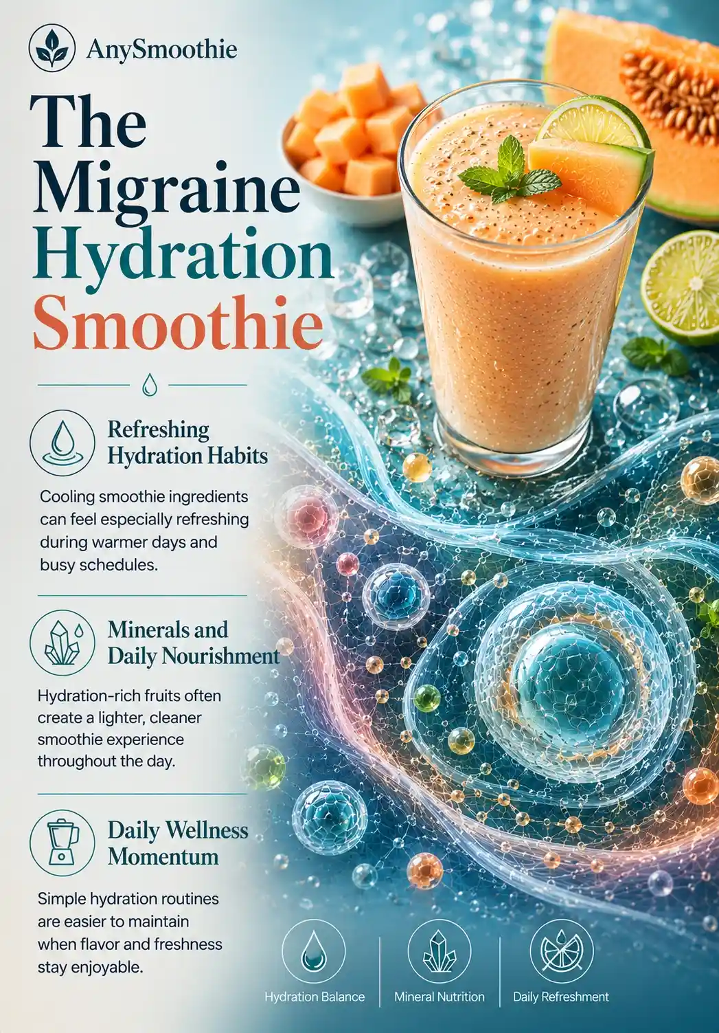Premium wellness-science infographic featuring a hydration-focused melon and citrus smoothie with fluid-inspired biological imagery, cellular hydration visuals, and whole-food ingredients, illustrating migraine hydration smoothies through refreshing wellness habits and balanced daily nourishment routines.