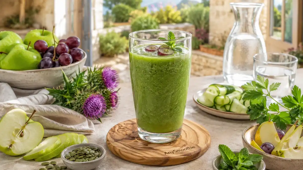 Green apple and grape smoothie with milk thistle flowers, cucumber, pear, parsley, and pumpkin seeds, featured in milk thistle smoothies for liver support.