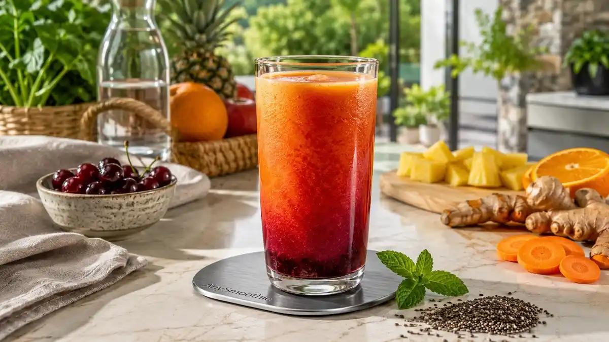 MSM smoothies for joint support featuring a tart cherry pineapple smoothie with carrot, turmeric, ginger, chia seeds, and mint in a clear glass on a stainless steel AnySmoothie coaster inside a bright modern kitchen.