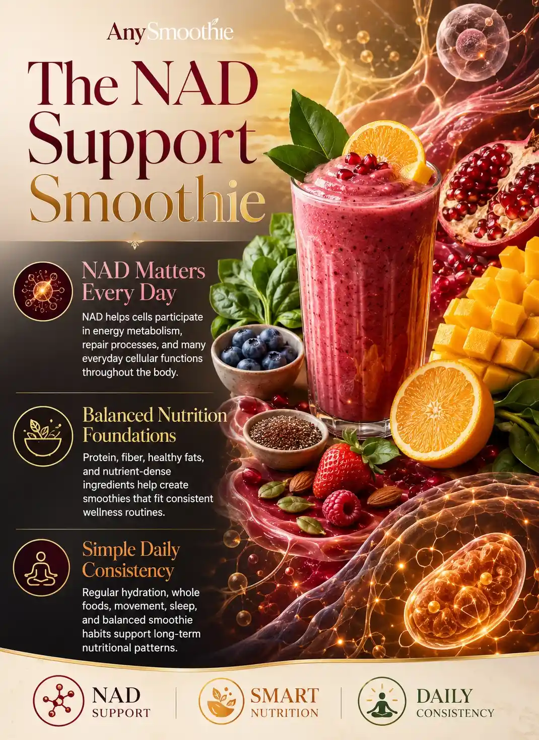 Premium wellness infographic illustrating nicotinamide riboside smoothies for NAD support, featuring a nutrient-rich smoothie with pomegranate, mango, citrus, berries, leafy greens, and wellness-science visuals highlighting energy metabolism, balanced nutrition, and healthy daily habits.