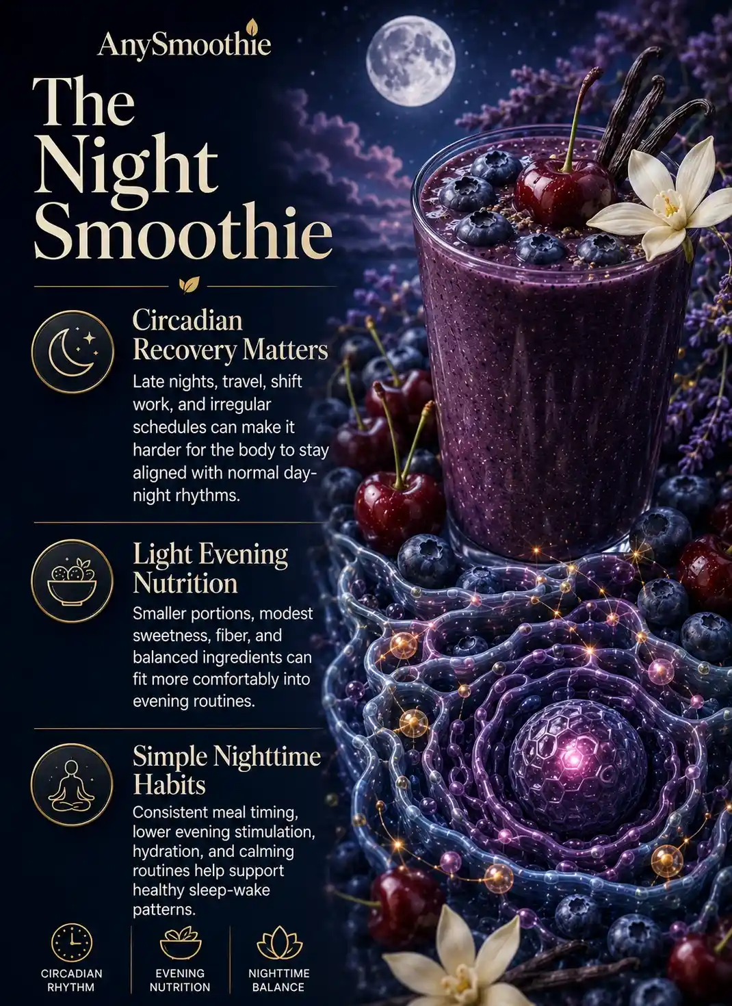 Night smoothies for circadian recovery infographic featuring tart cherries, blueberries, vanilla, moonlit botanical ingredients, circadian rhythm concepts, evening nutrition habits, and nighttime wellness patterns in a premium wellness-science design.