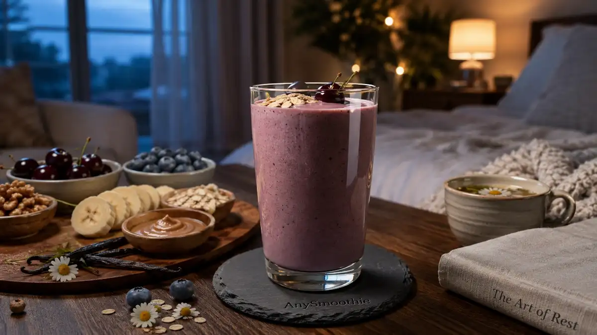 Oxaloacetate smoothies for cellular energy featuring a vibrant mango cranberry smoothie in a clear artisan glass on a travertine AnySmoothie coaster, surrounded by fresh fruit and wellness ingredients in a sunlit kitchen.