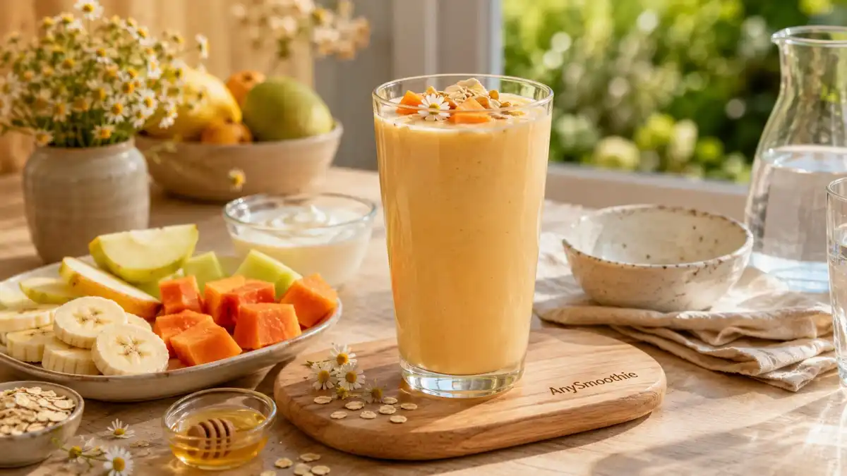 Non acidic fruit smoothies for sensitive stomachs featuring a creamy banana papaya pear smoothie with oats, yogurt, chamomile flowers, and honey in a sunlit breakfast kitchen