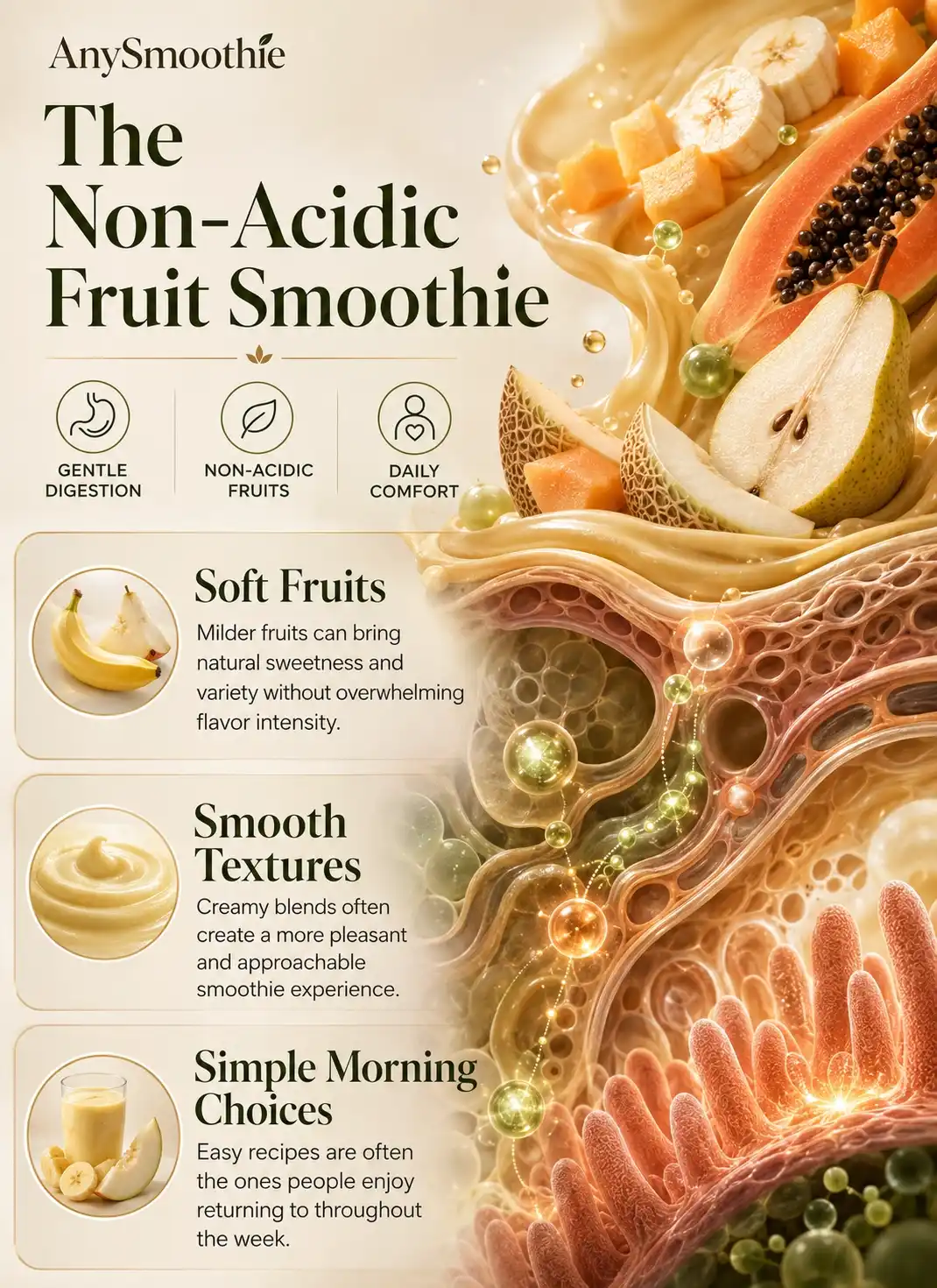Premium wellness-science infographic showing non acidic fruit smoothies for sensitive stomachs with banana, pear, melon, and papaya ingredients, gentle digestion concepts, smooth textures, and daily comfort nutrition habits.