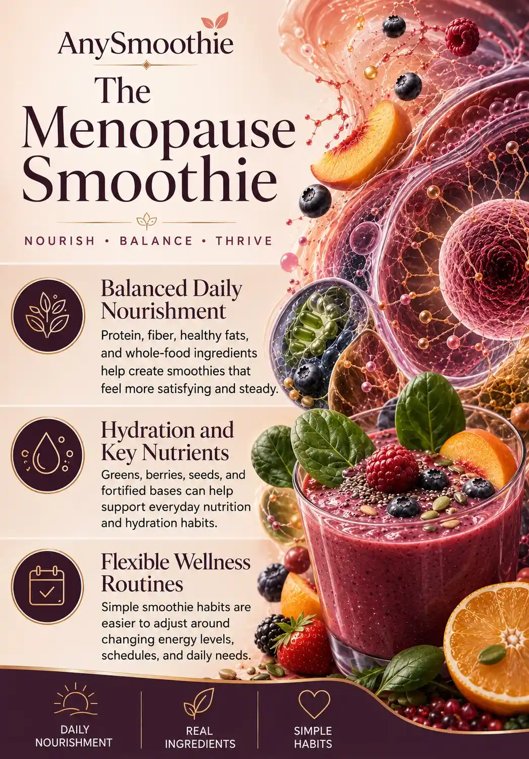 Premium wellness infographic illustrating nourishing smoothies for menopause wellness habits, featuring a berry smoothie with whole-food ingredients, hydration-focused nutrition, balanced daily nourishment, and flexible wellness routines in an elegant wellness-science editorial design.