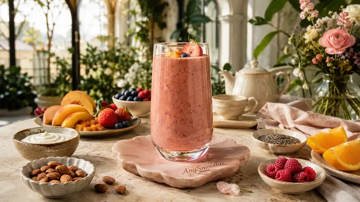 Creamy peach berry smoothie with Greek yogurt, chia seeds, almonds, and fresh berries served on an elegant AnySmoothie flower-shaped stone coaster in a bright garden conservatory, illustrating nourishing smoothies for menopause wellness habits.