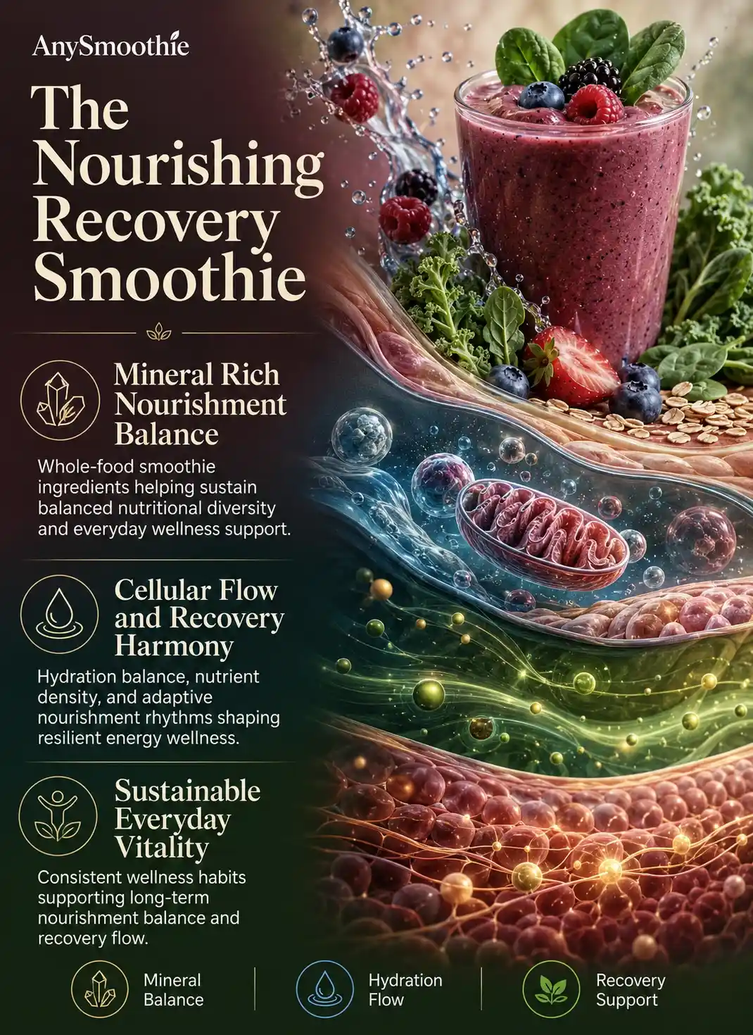 Premium wellness-science infographic titled “The Nourishing Recovery Smoothie” featuring berry and leafy-green smoothies with hydration flow visuals, mineral-rich nourishment themes, intracellular-inspired recovery environments, and adaptive wellness balance associated with nourishing smoothies for people managing anemia.