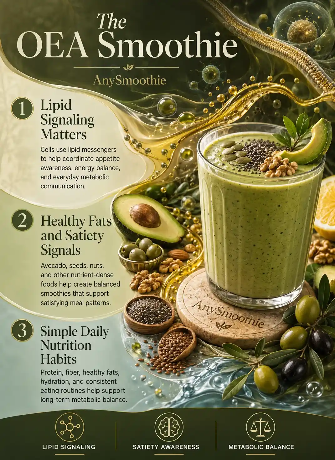 Premium wellness-science infographic about OEA smoothies for optimizing lipid signaling featuring an avocado smoothie, healthy fats, olives, seeds, nuts, satiety awareness, metabolic balance, and lipid communication pathways.
