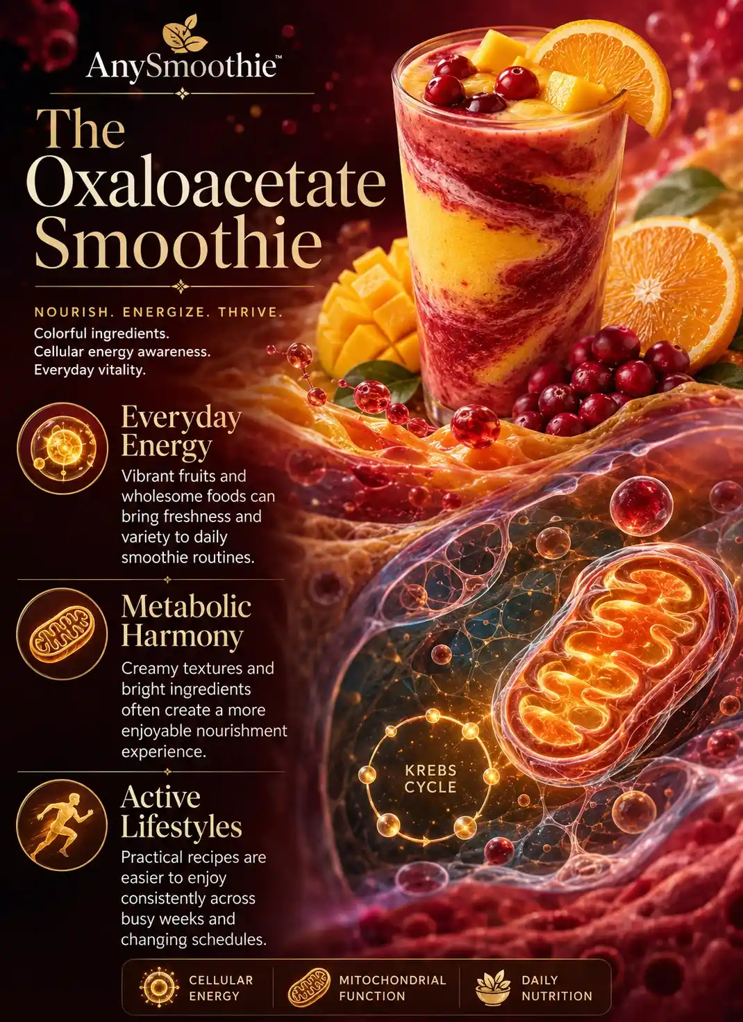Premium wellness-science infographic showing oxaloacetate smoothies for cellular energy, featuring a mango cranberry smoothie, mitochondrial energy pathways, Krebs cycle inspired cellular visuals, metabolic harmony, daily nutrition, and active lifestyle support.