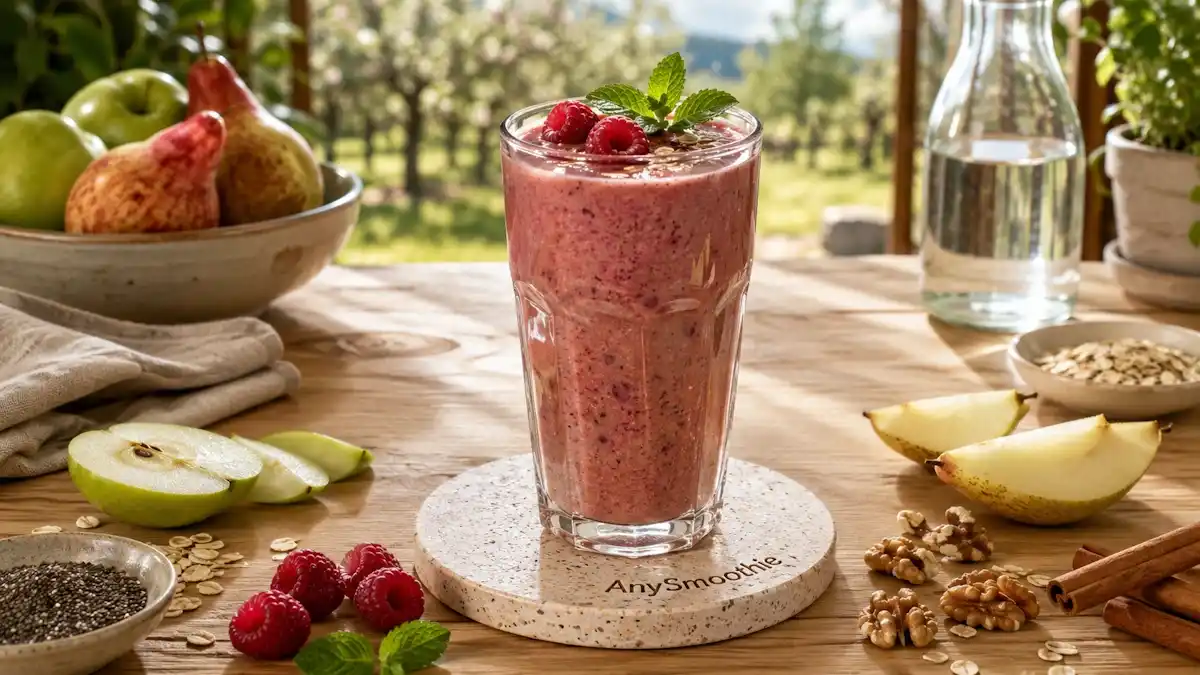 Apple pear raspberry smoothie with oats, chia seeds, and walnuts in a glass on a terrazzo coaster, representing pectin smoothies for short chain fatty acids and gut-friendly nutrition.