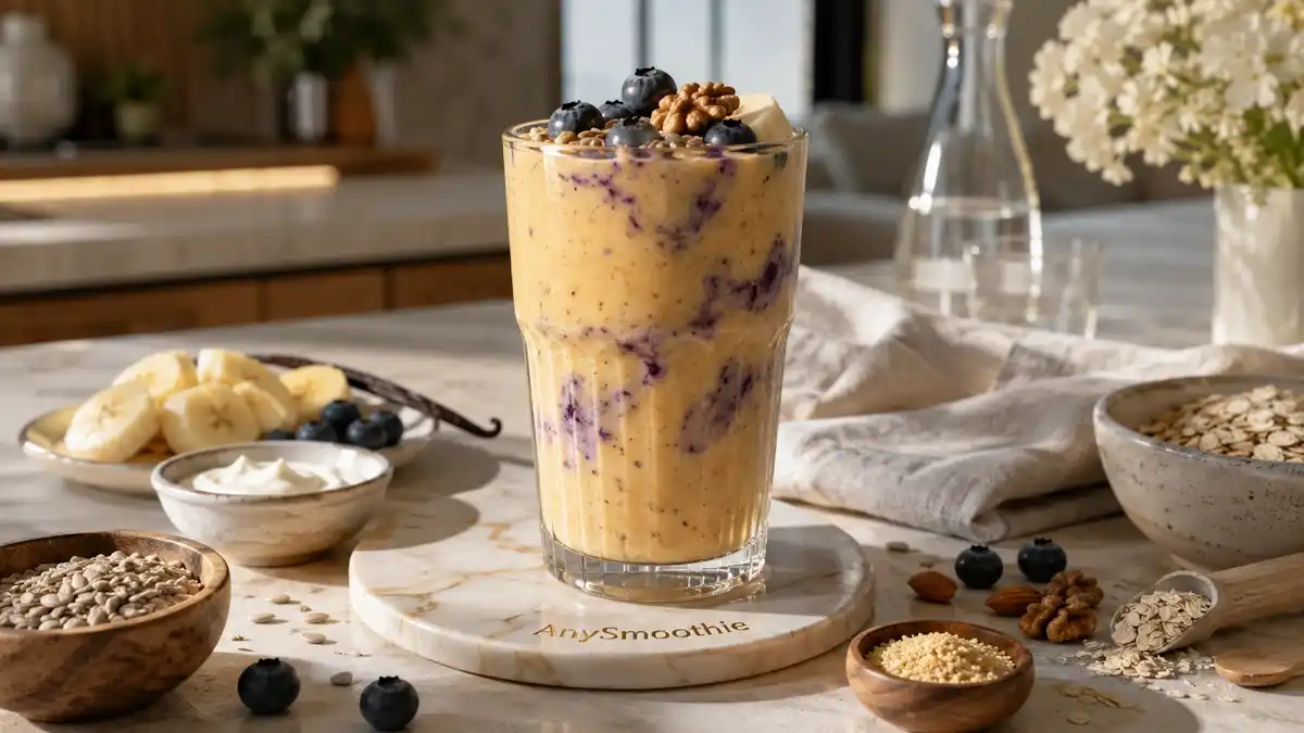 Phosphatidylcholine smoothies for cellular health featuring a creamy vanilla blueberry smoothie with oats, sunflower seeds, Greek yogurt, almonds, walnuts, lecithin granules, and fresh blueberries in a Scandinavian kitchen.