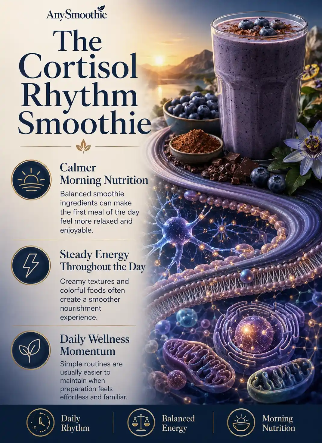 Premium wellness-science infographic about phosphatidylserine smoothies for cortisol rhythm, featuring a blueberry and cacao smoothie, circadian-inspired biological visuals, balanced energy concepts, morning nutrition habits, and daily wellness rhythm awareness.