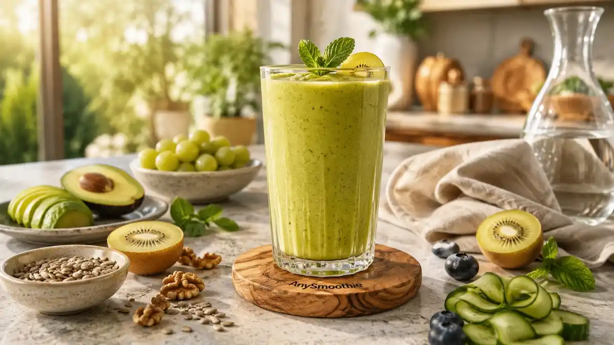 Creamy avocado and golden kiwi smoothie with walnuts, sunflower seeds, grapes, and cucumber on an olive wood coaster in a bright kitchen, illustrating phospholipid smoothies for healthy cell membranes.