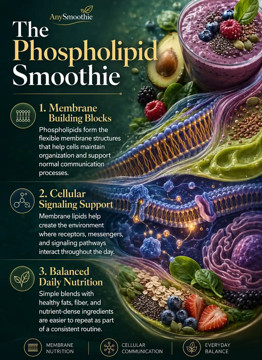 Premium wellness-science infographic about phospholipid smoothies for second messenger signaling, featuring membrane building blocks, cellular signaling support, healthy fats, berries, seeds, and nutrient-dense smoothie ingredients in a biological cellular environment.
