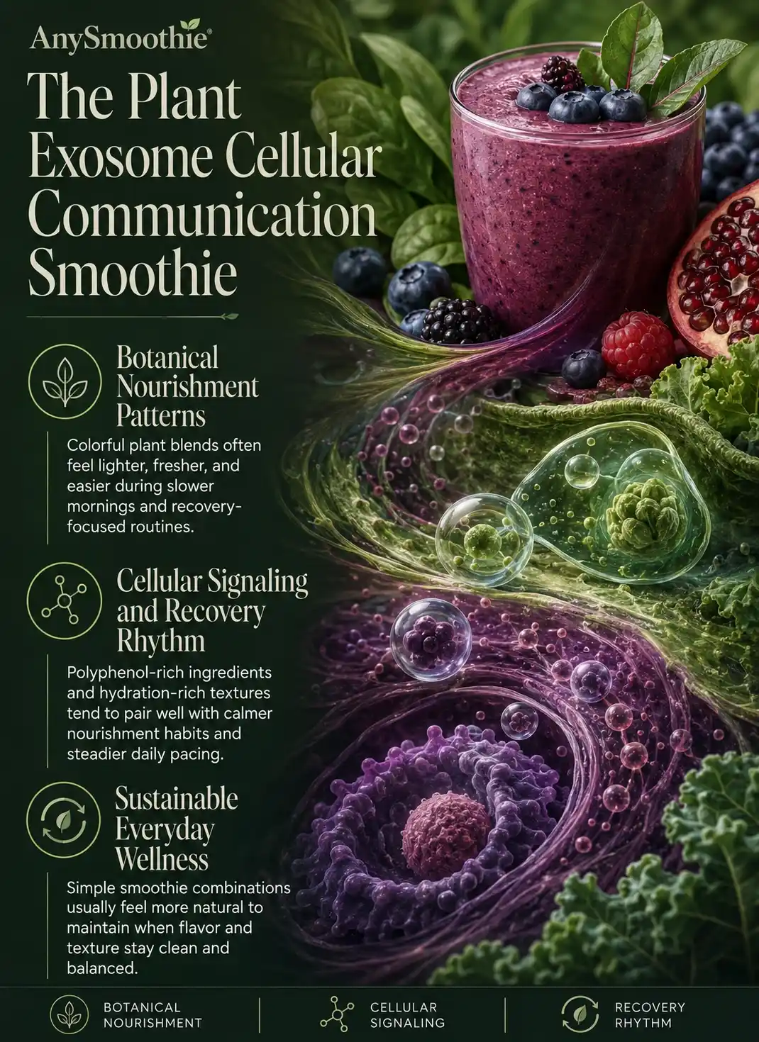 Premium wellness-science infographic showing plant exosome smoothies and cellular communication with berry smoothie textures, intracellular-inspired botanical environments, cellular signaling visuals, leafy greens, polyphenol-rich ingredients, and restorative wellness lifestyle themes.