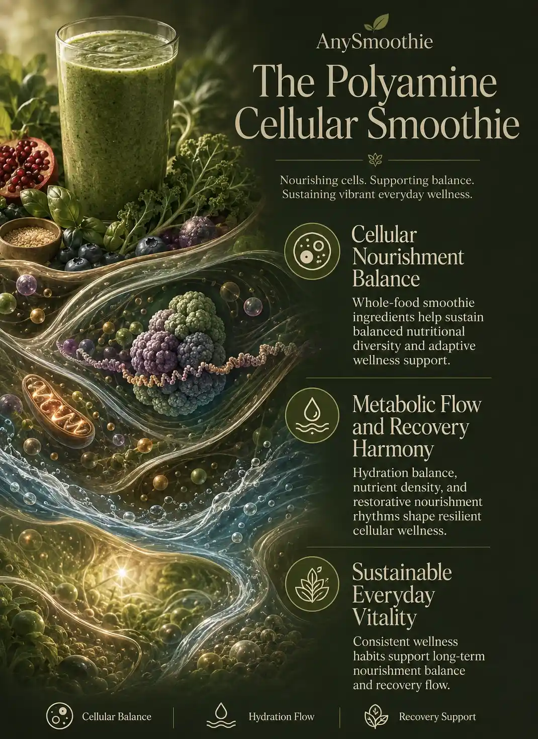 Premium wellness-science infographic for AnySmoothie titled “The Polyamine Cellular Smoothie” illustrating polyamine smoothies for cellular translation with botanical smoothie ingredients, intracellular-inspired biological textures, metabolic flow visuals, hydration balance symbolism, ribosomal-inspired structures, and sustainable cellular wellness environments.