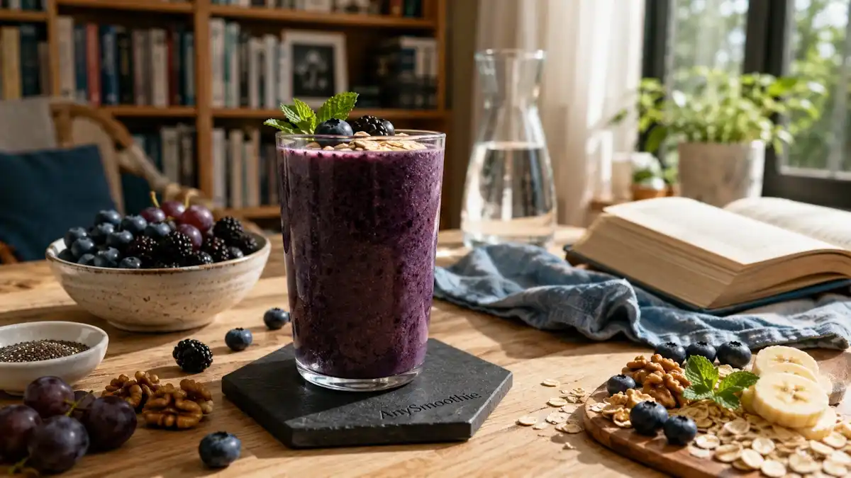 Blueberry, blackberry, and grape smoothie prepared with nutrient-rich ingredients for polygala tenuifolia smoothies for brain health, served in a clear glass on an engraved AnySmoothie slate coaster in a bright modern reading nook.