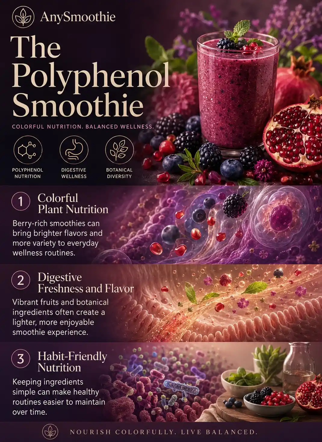 Premium wellness-science infographic featuring a polyphenol smoothie for akkermansia balance with berries, pomegranate, colorful plant nutrition, digestive wellness concepts, botanical diversity, and cellular-inspired visual storytelling.