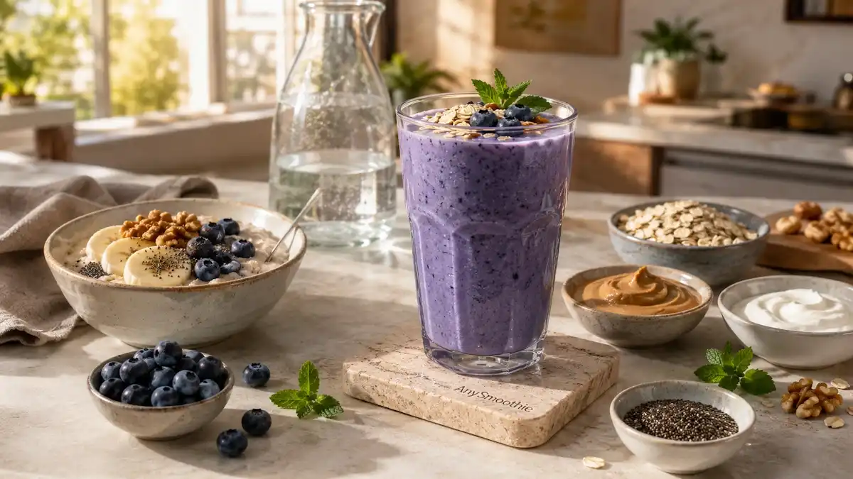 Protein rich smoothies for healthy aging habits featuring a creamy blueberry almond oat smoothie in a tall glass on a travertine AnySmoothie coaster with oats, blueberries, walnuts, chia seeds, Greek yogurt, and almond butter in a bright modern kitchen.