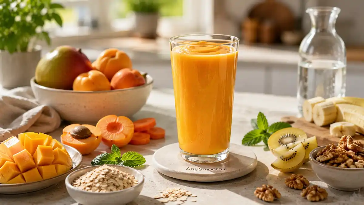 Mango apricot smoothie for pyruvate dehydrogenase support smoothies, served in a clear glass with banana, golden kiwi, oats, walnuts, carrot, and mint in a bright wellness kitchen setting.
