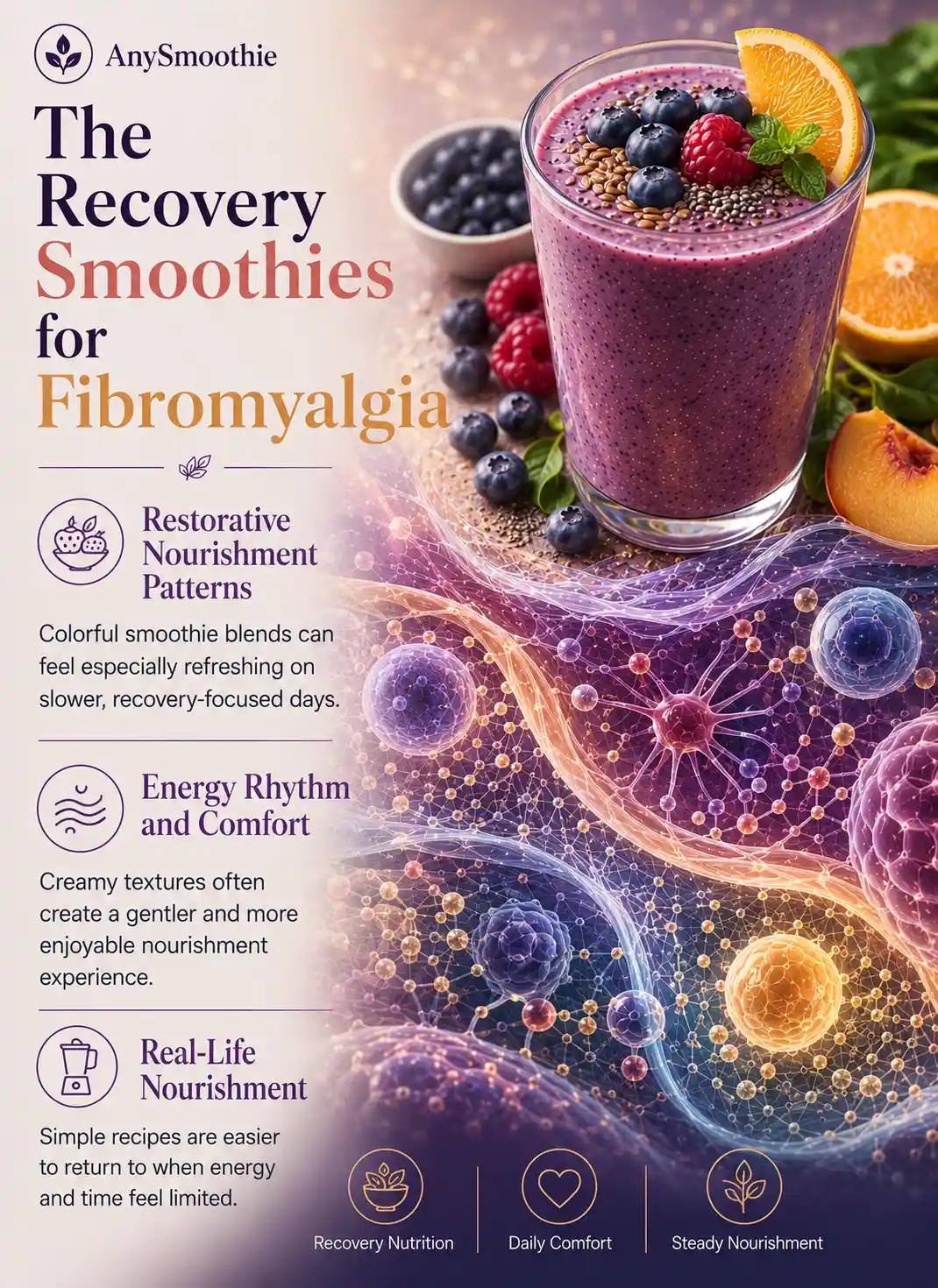 Premium wellness-science infographic featuring a berry and citrus recovery smoothie with colorful whole-food ingredients, hydration-inspired biological imagery, connective-tissue-inspired textures, and restorative nourishment visuals, illustrating recovery smoothies for fibromyalgia through balanced wellness habits and gentle daily nutrition routines.