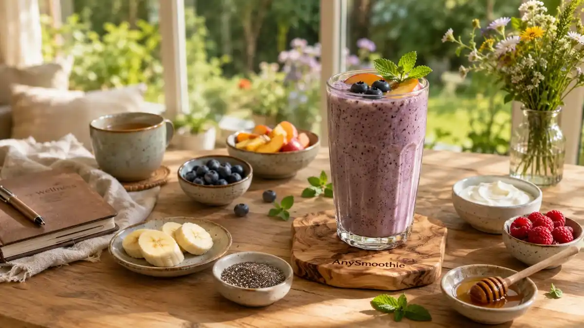 Recovery smoothies for fibromyalgia featuring a creamy blueberry peach smoothie with banana, chia seeds, coconut yogurt, raspberries, honey, and mint in a bright wellness-inspired sunroom setting.