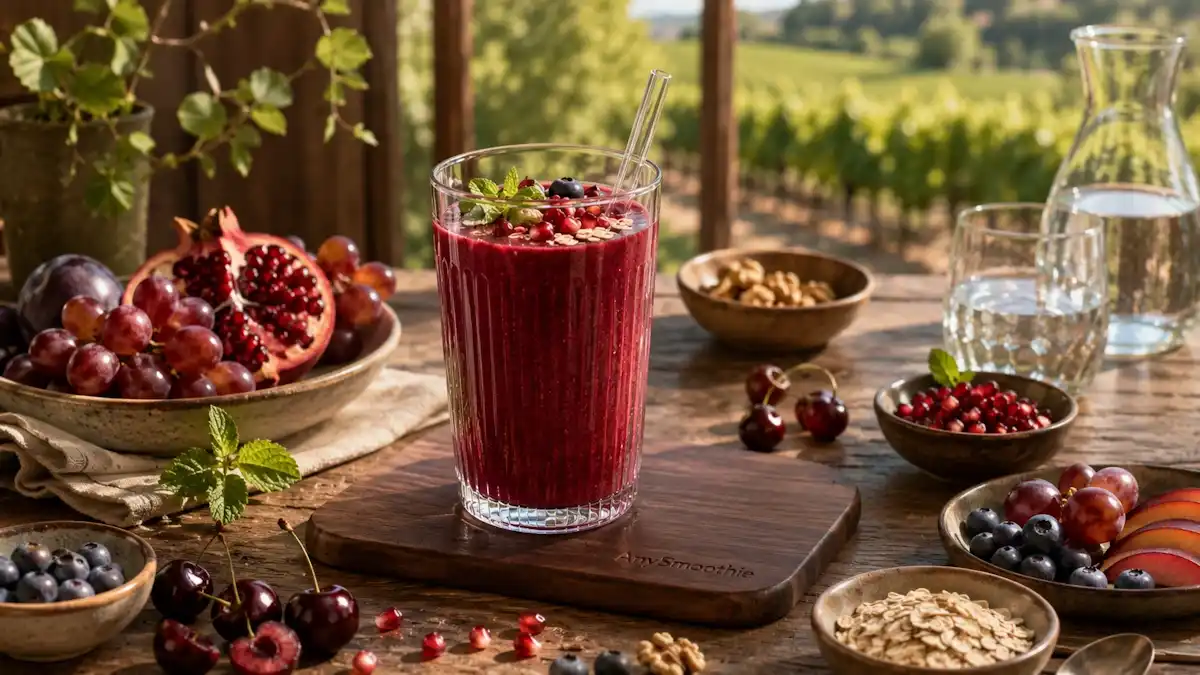 Red grape and pomegranate smoothie in a clear glass on a walnut wood coaster with grapes, cherries, blueberries, walnuts, and oats, representing resveratrol smoothies for balanced nutrition.