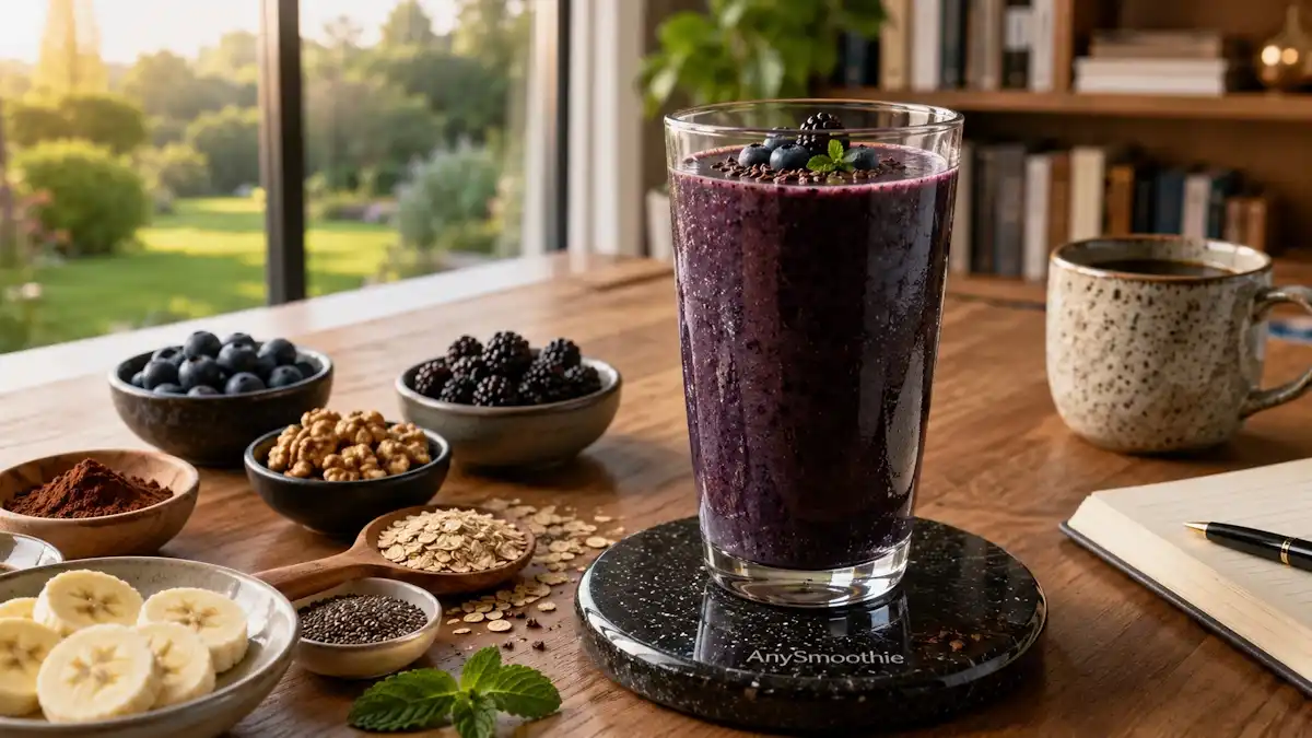 Luxurious Sabroxy smoothies for mental focus made with blueberries, blackberries, raw cacao, walnuts, oats, banana, chia seeds, and fresh mint in a clear glass on a polished black granite coaster inside a bright modern home office.