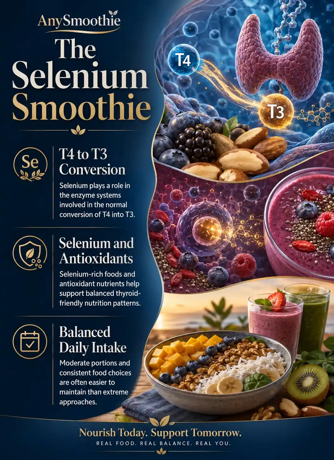 Selenium smoothies for T4 to T3 conversion infographic showing selenium-rich ingredients, thyroid hormone conversion awareness, antioxidant nutrition support, and balanced daily nourishment habits with berries, Brazil nuts, tropical fruits, and wellness-science visual storytelling.