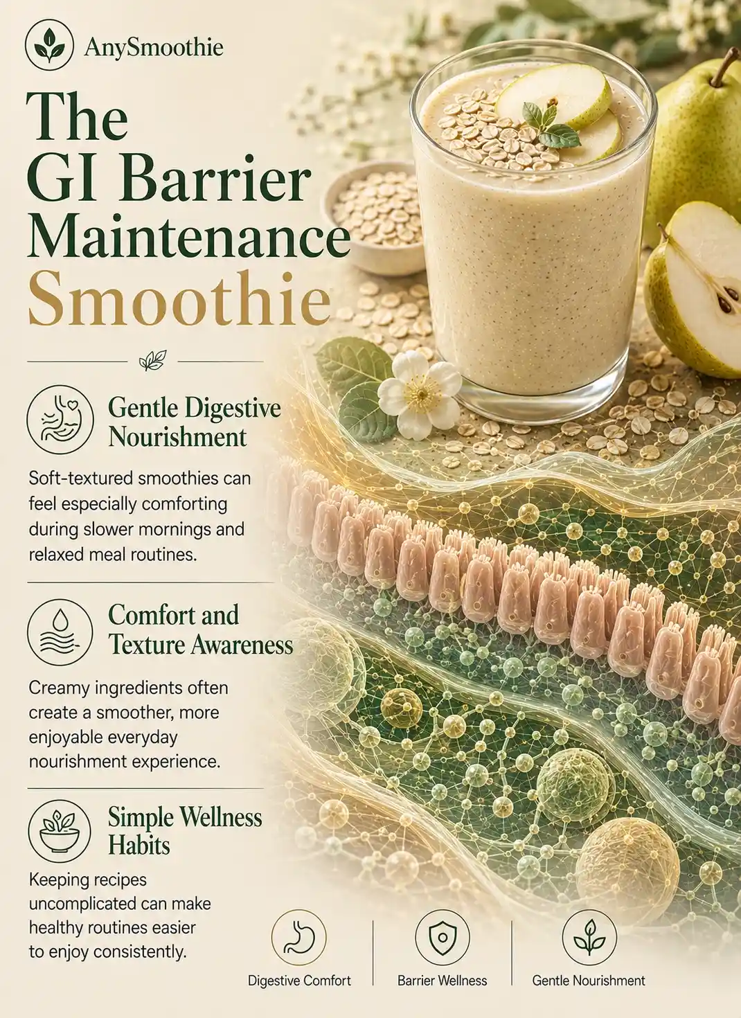 Premium wellness-science infographic featuring a creamy pear and oat smoothie with soothing botanical ingredients, intestinal barrier-inspired biological imagery, hydration-focused textures, and digestive wellness visuals, illustrating a slippery elm smoothie for gi barrier maintenance through gentle nourishment habits and restorative digestive routines.
