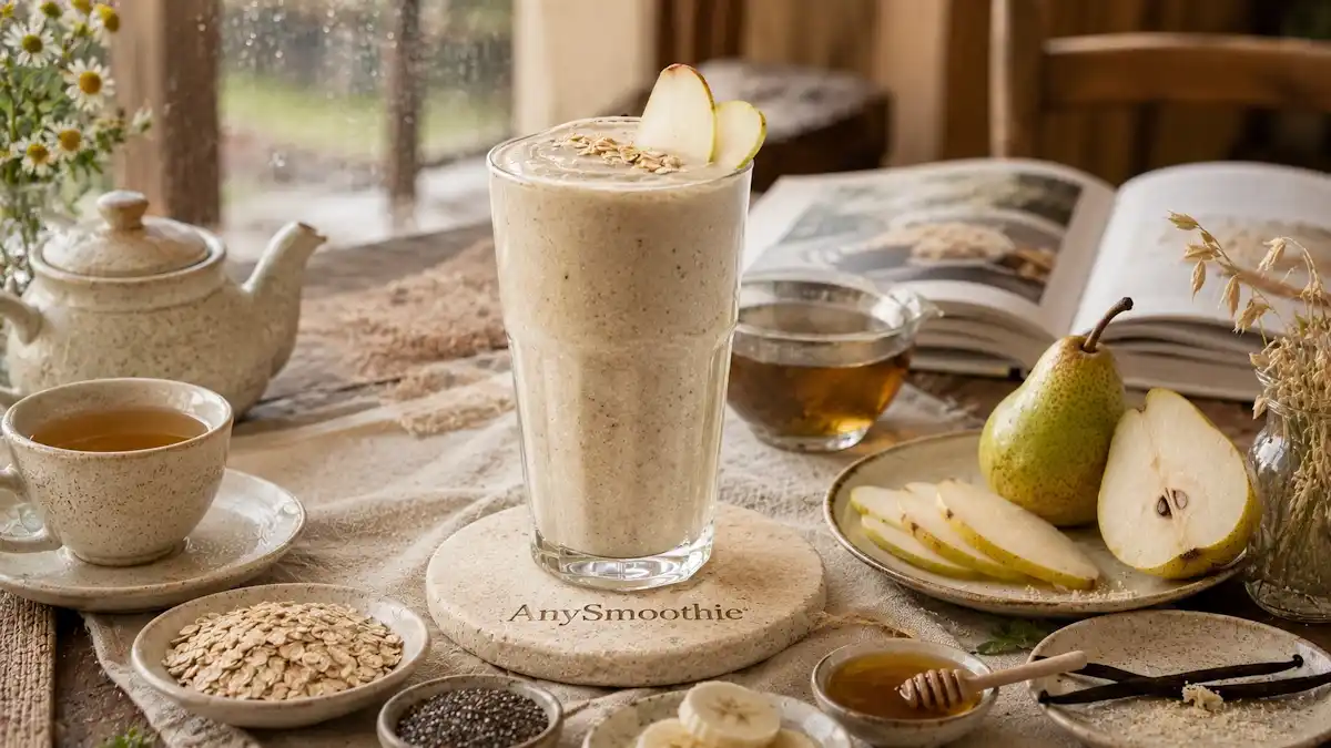 Slippery elm smoothie for GI barrier maintenance featuring a creamy pear oat smoothie with slippery elm tea, oats, banana, chia seeds, chamomile flowers, vanilla bean, and honey in a cozy countryside breakfast setting.