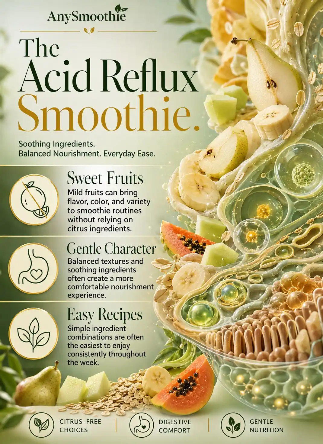 Premium wellness infographic about smoothies for acid reflux without citrus fruits featuring banana, pear, melon, papaya, oats, digestive comfort concepts, gentle nutrition guidance, citrus-free ingredient choices, and balanced smoothie recipes for sensitive stomachs.