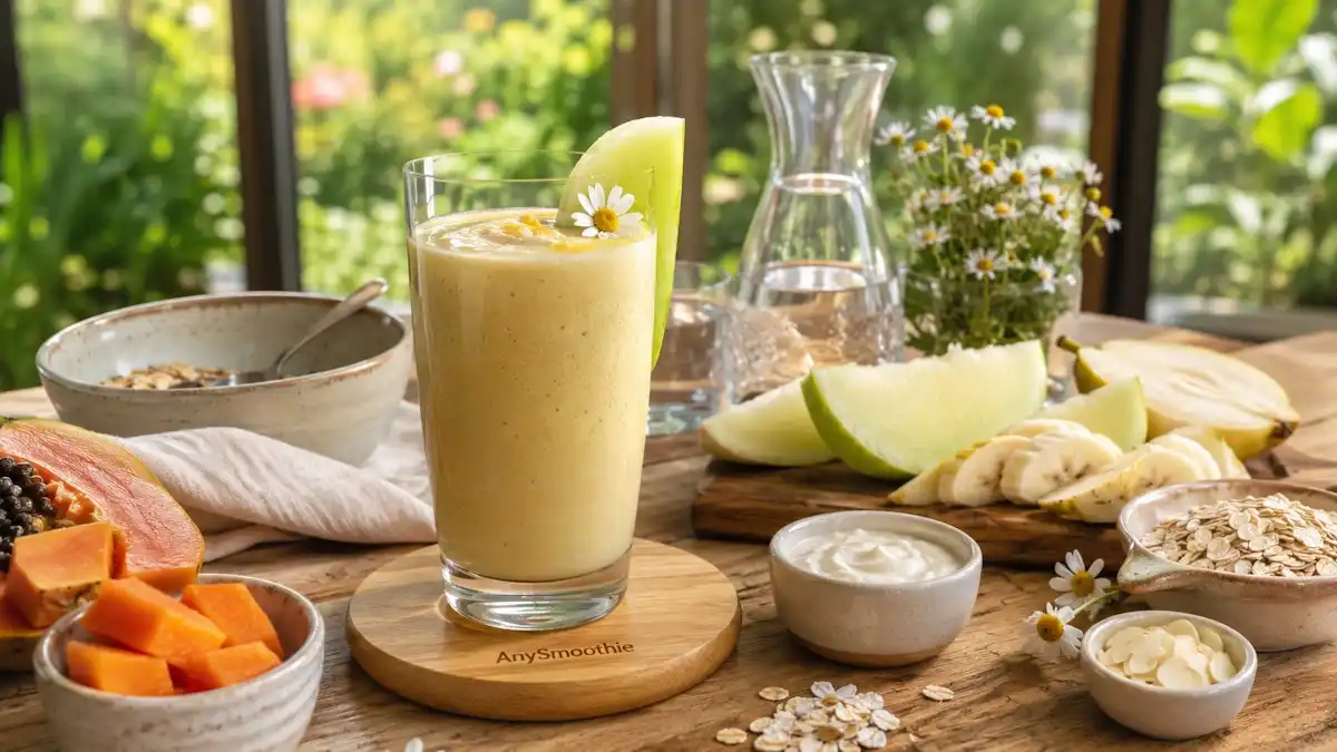 Creamy papaya, honeydew melon, and pear smoothie served in a clear glass on a bamboo coaster, a gentle breakfast option featured in smoothies for acid reflux without citrus fruits.
