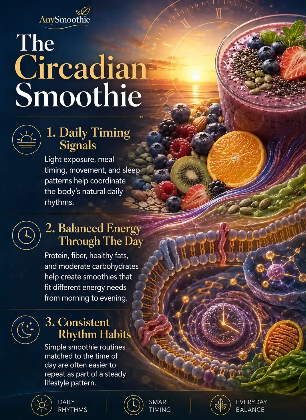 Premium wellness-science infographic about smoothies for circadian clock gene alignment, featuring daily timing signals, balanced energy throughout the day, circadian rhythm awareness, sunrise-inspired nutrition patterns, berries, citrus fruits, healthy fats, and cellular wellness imagery.