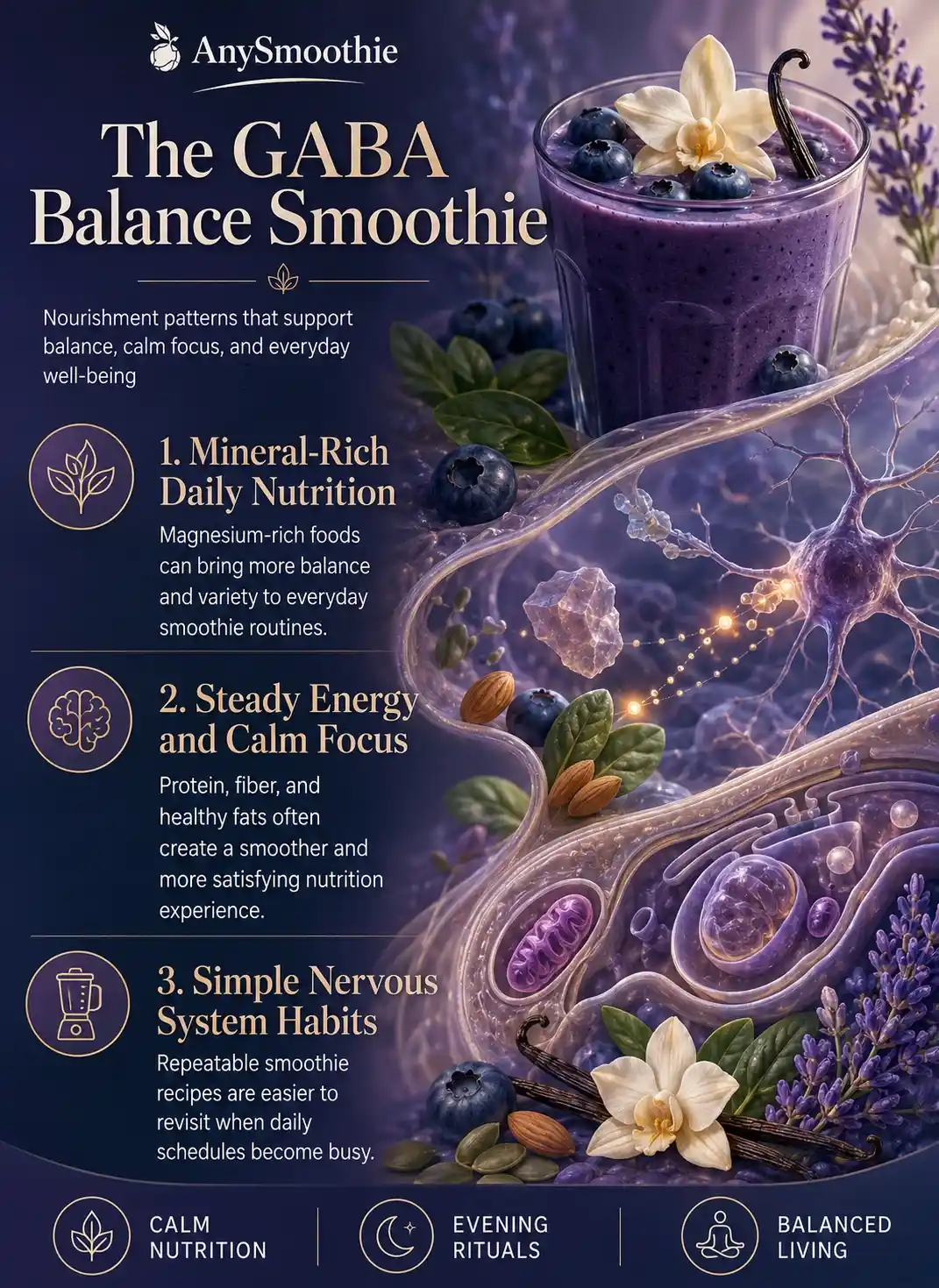 Premium wellness-science infographic about smoothies for GABA balance featuring a blueberry smoothie, mineral-rich nutrition, steady energy support, calming daily routines, and nutrient-focused wellness habits in a cinematic botanical design.