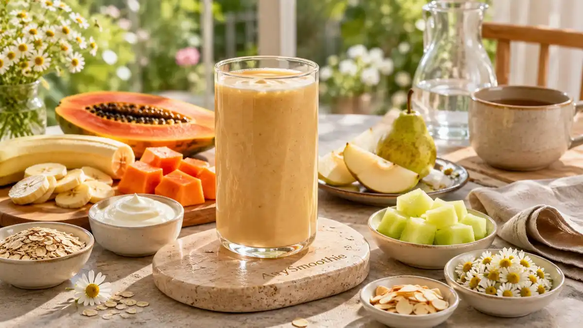 Creamy banana papaya oat smoothie for gastritis and acid sensitivity served in a tall glass on a travertine coaster, surrounded by gentle ingredients including oats, pear, yogurt, chamomile flowers, honeydew melon, and almond flakes.