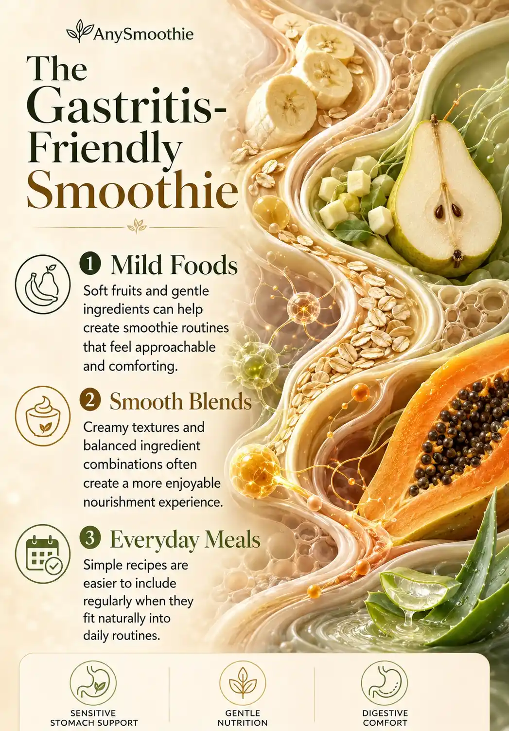 Premium wellness infographic about smoothies for gastritis and acid sensitivity featuring banana, pear, papaya, oats, and aloe ingredients with gentle nutrition, digestive comfort, and sensitive stomach support concepts.