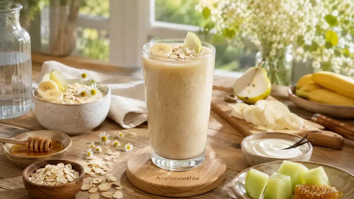 Creamy banana pear smoothie with oats, vanilla yogurt, chamomile, and honey served in a clear glass on a light oak coaster, featured in a smoothies for heartburn support gentle ingredient guide.
