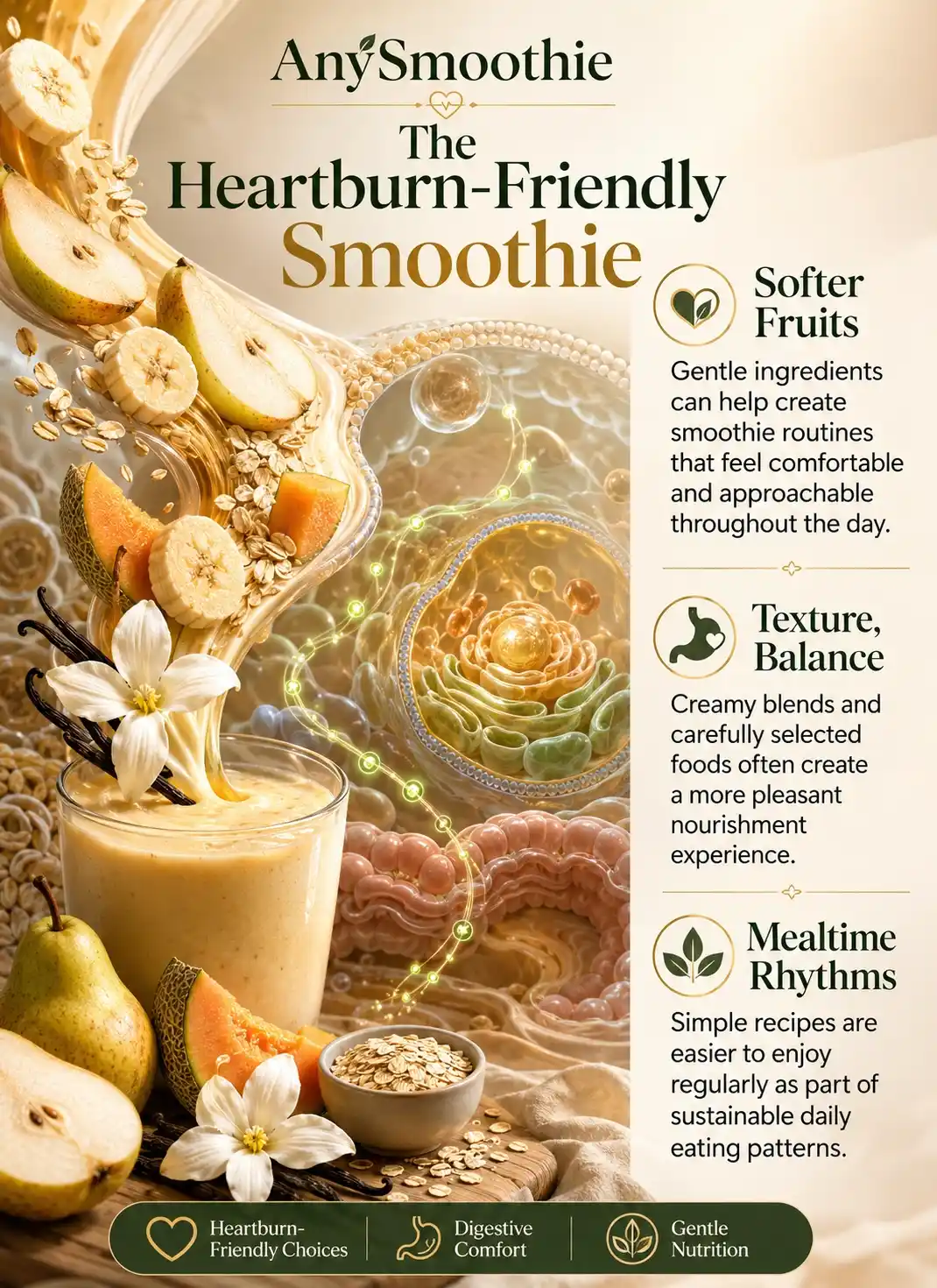Premium infographic about smoothies for heartburn support gentle ingredient guide featuring bananas, pears, melon, oats, vanilla, digestive comfort nutrition, heartburn-friendly ingredients, balanced smoothie texture, and gentle daily nourishment habits.